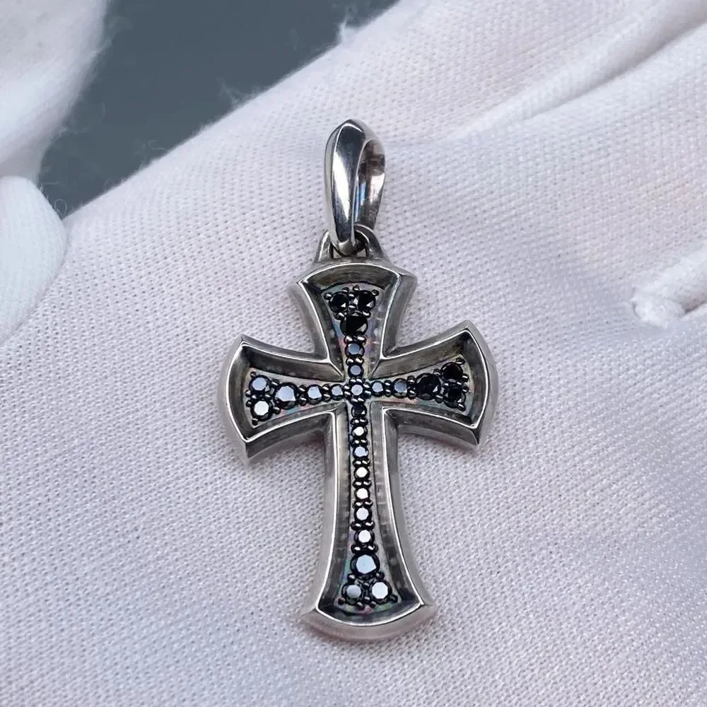 David Yurman Knife-Edge Cross Pendant Sterling Silver with Pave Black Diamonds
